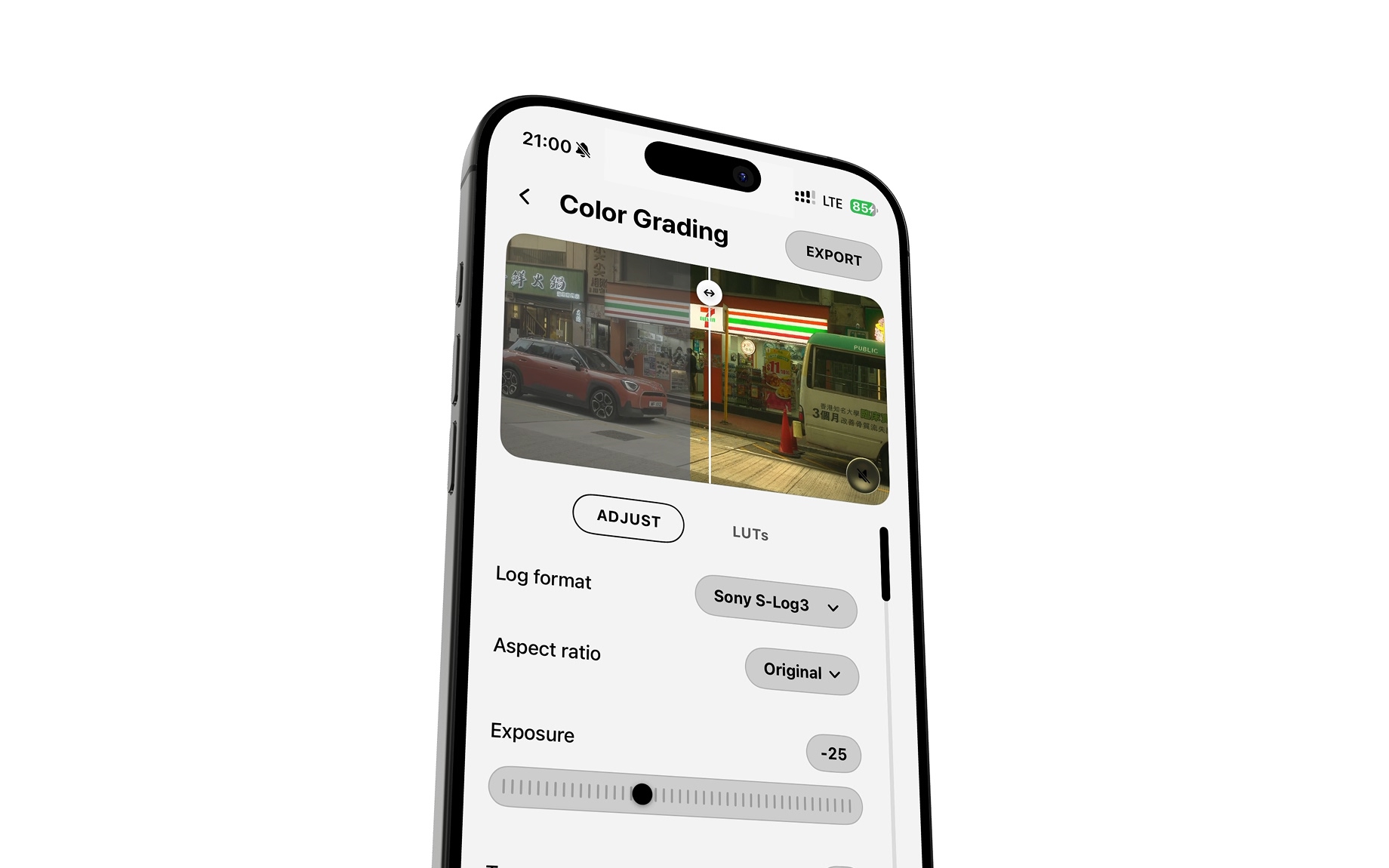 LogLab color grading screen on iPhone